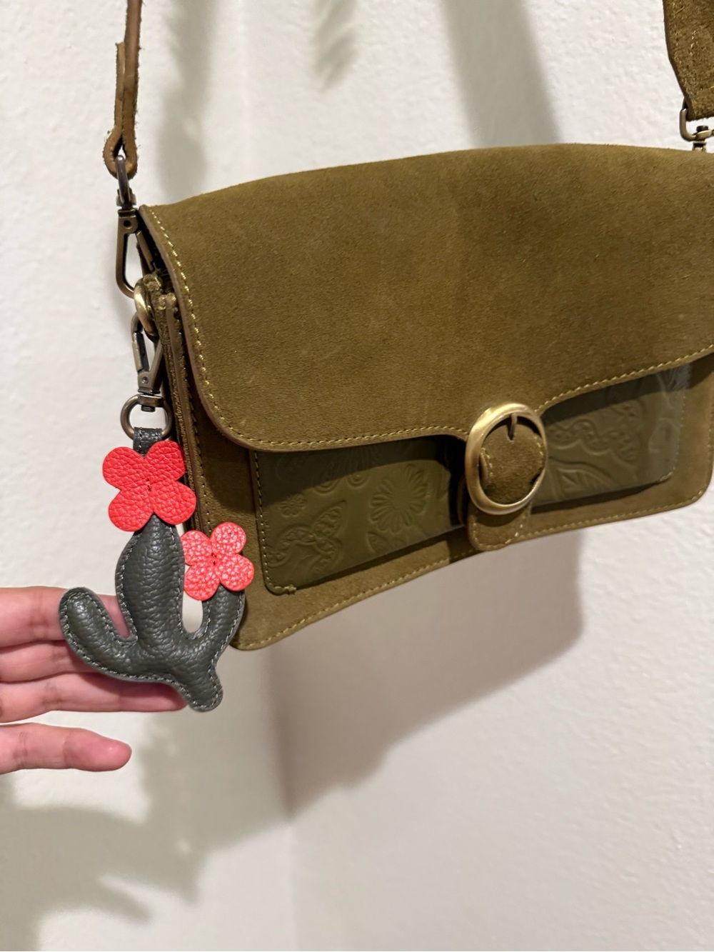 Olive Green Genuine Leather Suede Boho Crossbody Bag